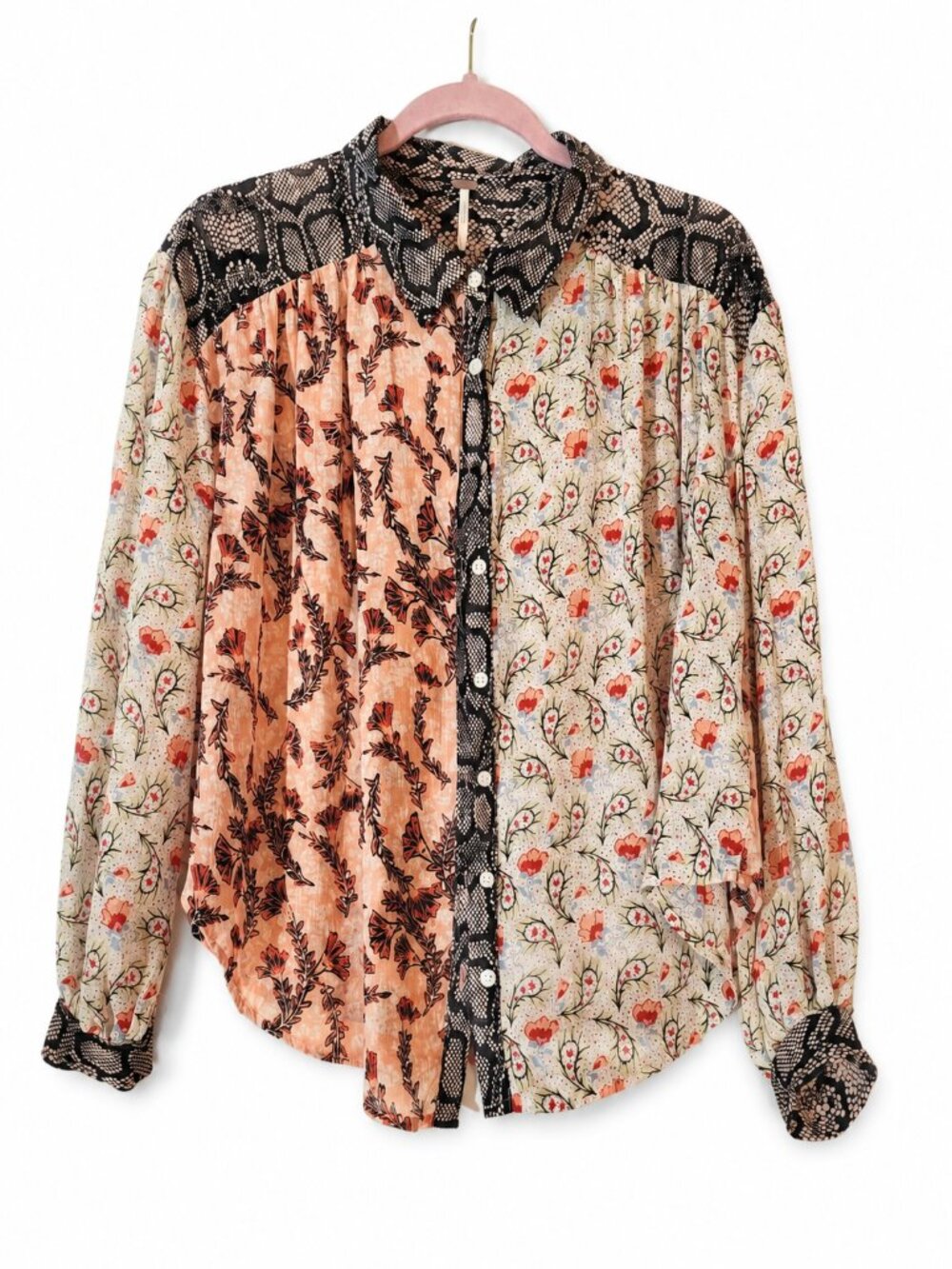 Free People Mixed Print Button Front Boho Blouse XS Sheer Long Sleeve